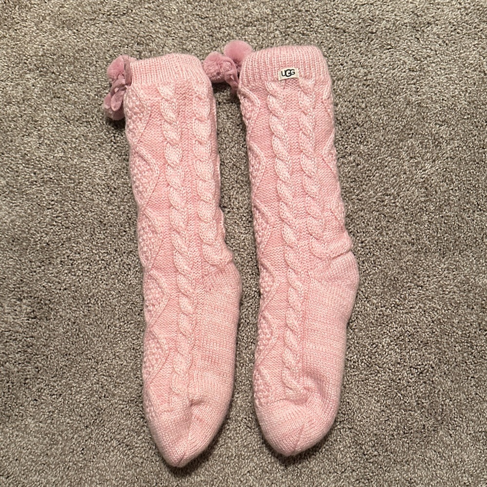 UGG Light Pink Cable Knit Socks with Pom-Poms